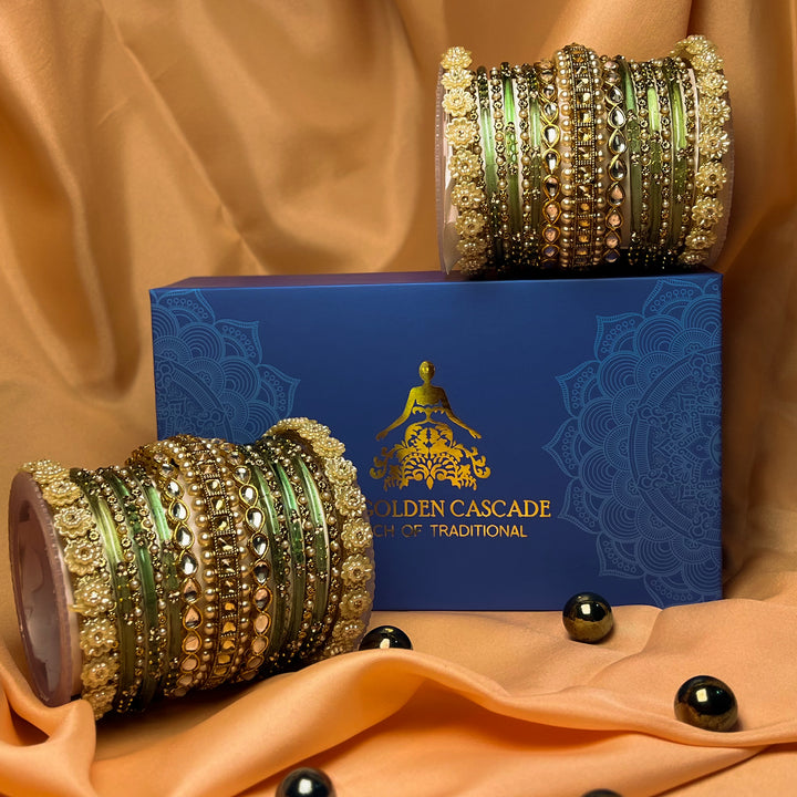 Traditional Elegant Olive Color Glass Bangles Set for Women (Both Hands)