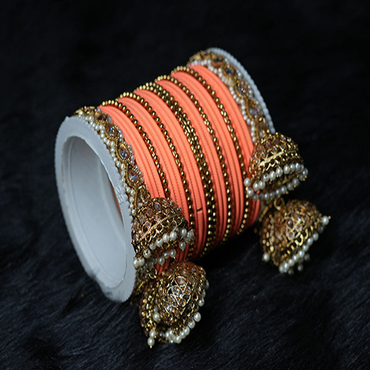 Antique Design Peach Color Plain Metal Bangle Set with Gold Plated Latkan Kada for Women & Girls (Both Hand)
