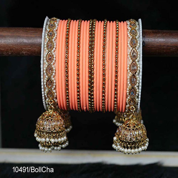 Antique Design Peach Color Plain Metal Bangle Set with Gold Plated Latkan Kada for Women & Girls (Both Hand)