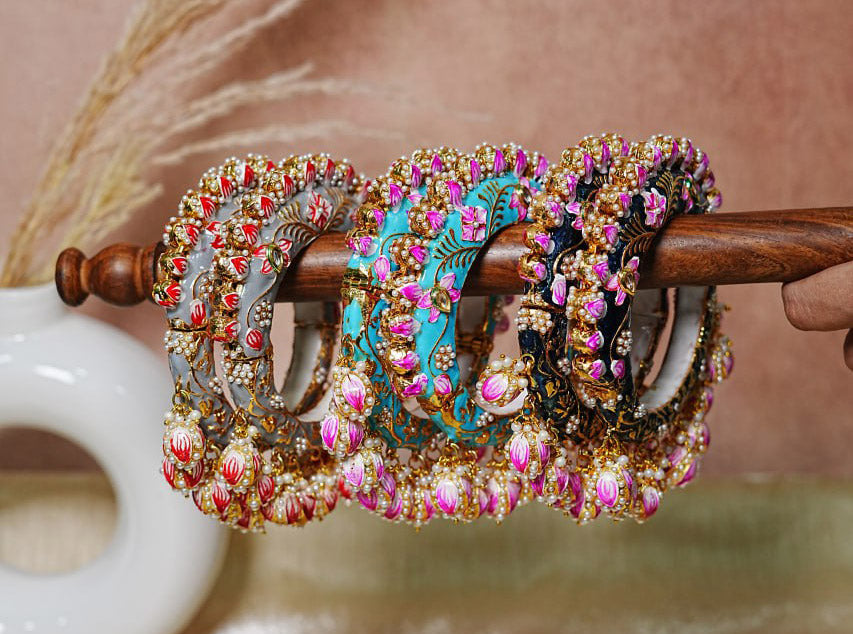 Traditional Peacock Color Rajwada Jadau Kada Bangles for Women (Pack of 2)