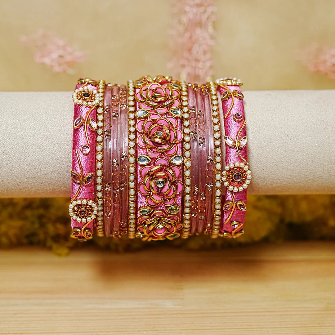 Traditional Handmade Thread Work Glass Bangles Set for Women (Both Hands)