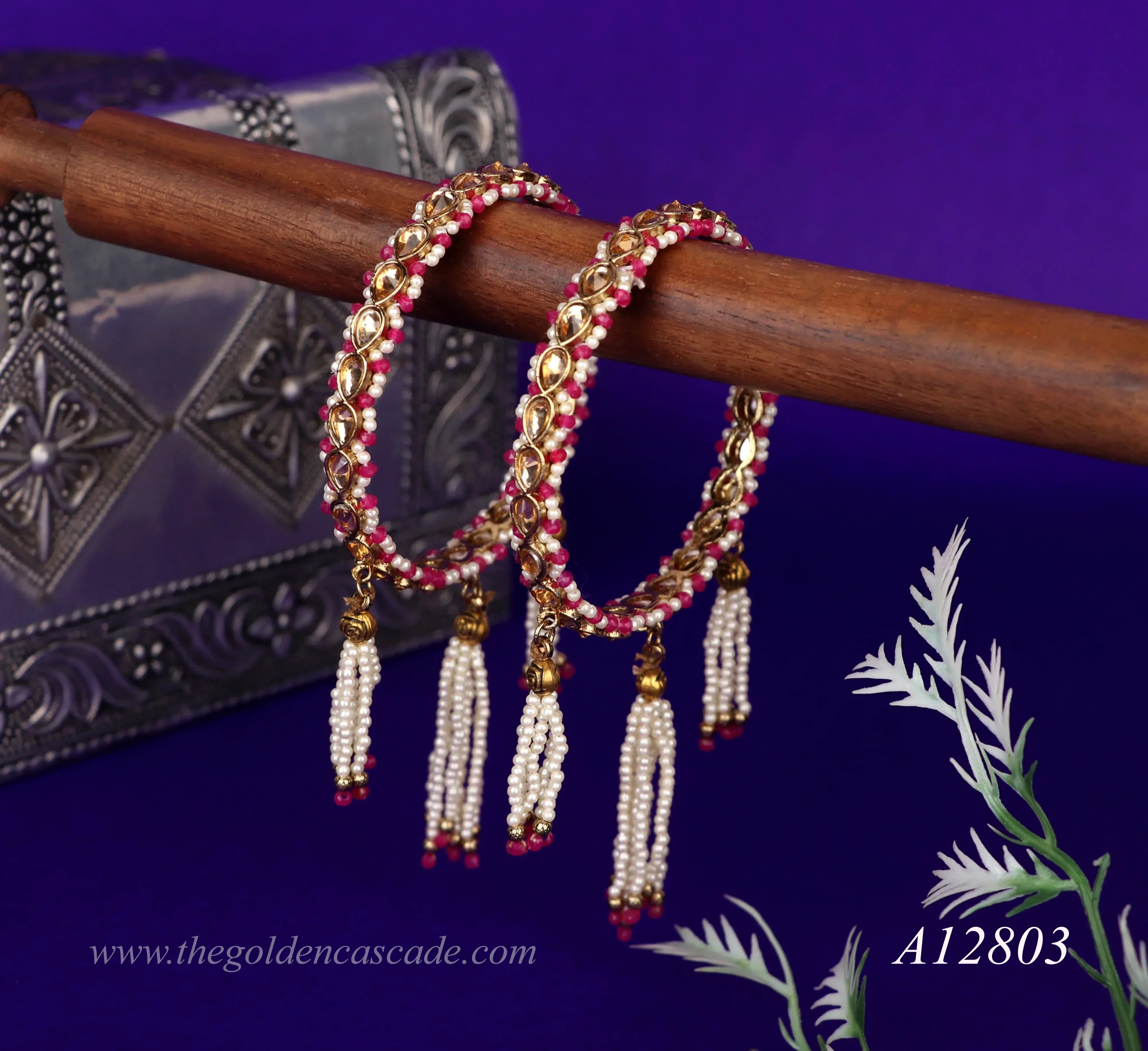 Kundan Studded Gold Plated Metal Kada for Women | Traditional Pearl Latkan Design | Ethnic Indian Jewelry for Weddings, Festivals & Special Occasions - The Golden Cascade