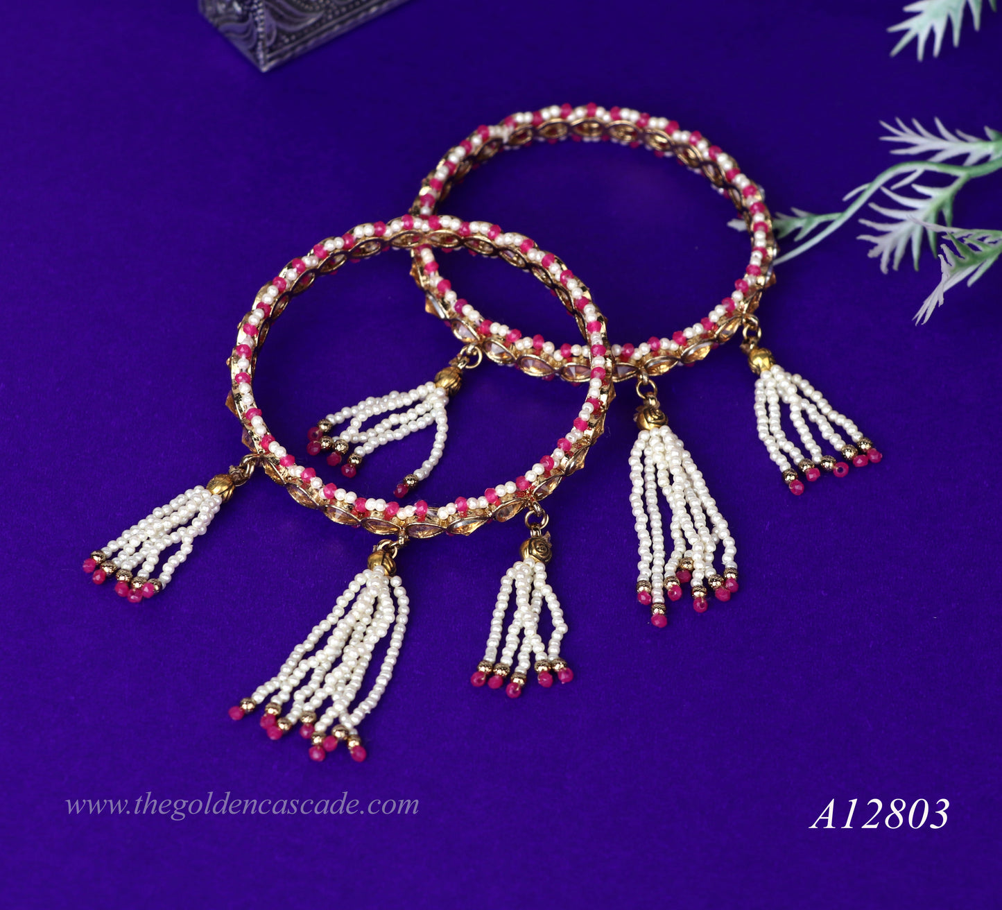 Kundan Studded Gold Plated Metal Kada for Women | Traditional Pearl Latkan Design | Ethnic Indian Jewelry for Weddings, Festivals & Special Occasions