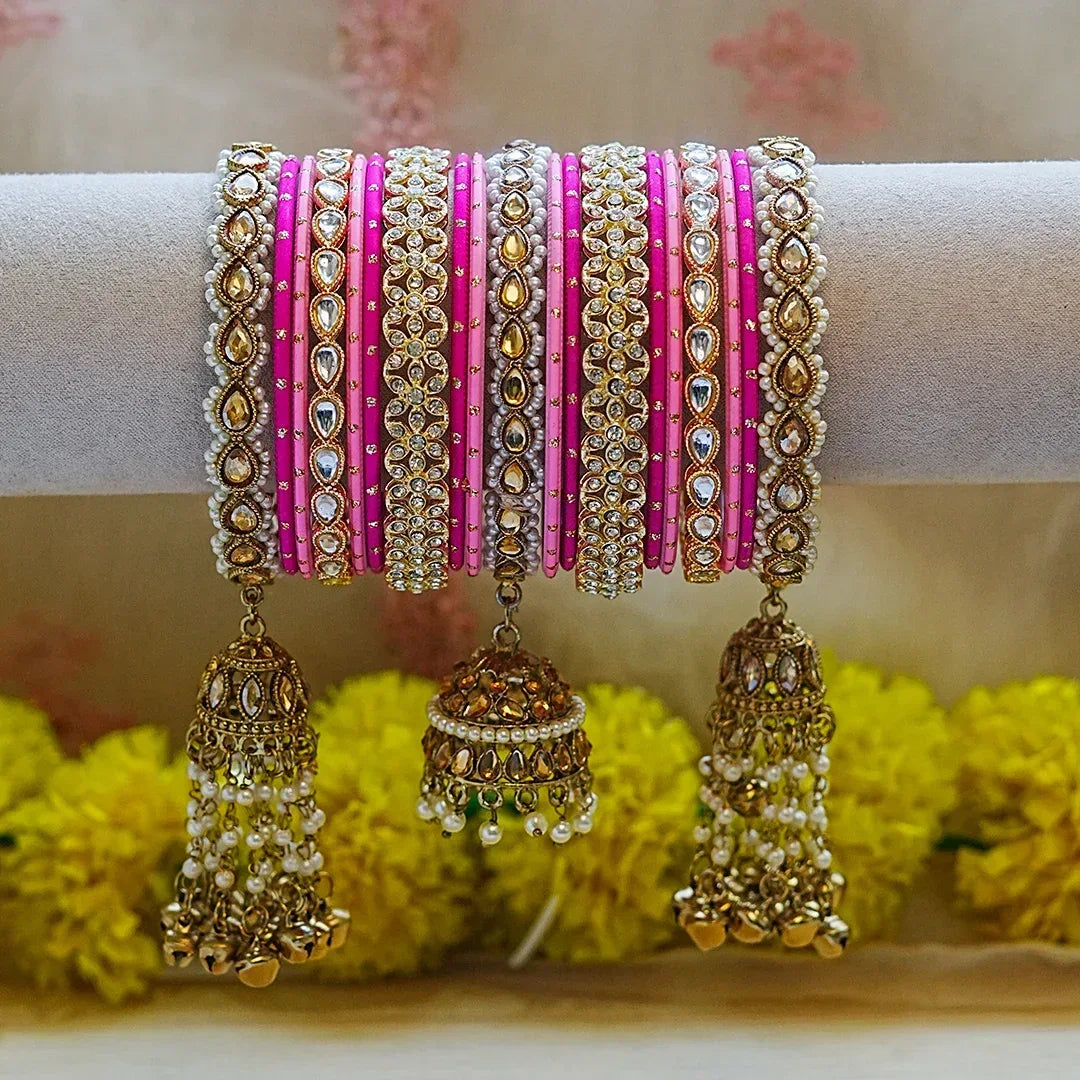 Premium Metal Bangles Set for Women | Ethnic Bridal Jhumki Set (Both Hands) - The Golden Cascade