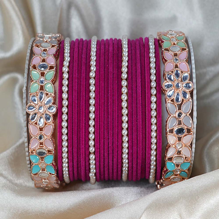 Magenta Color Velvet Metal Bangle Set for Women & Girls (Both Hand)