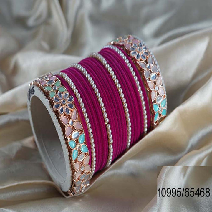 Magenta Color Velvet Metal Bangle Set for Women & Girls (Both Hand)