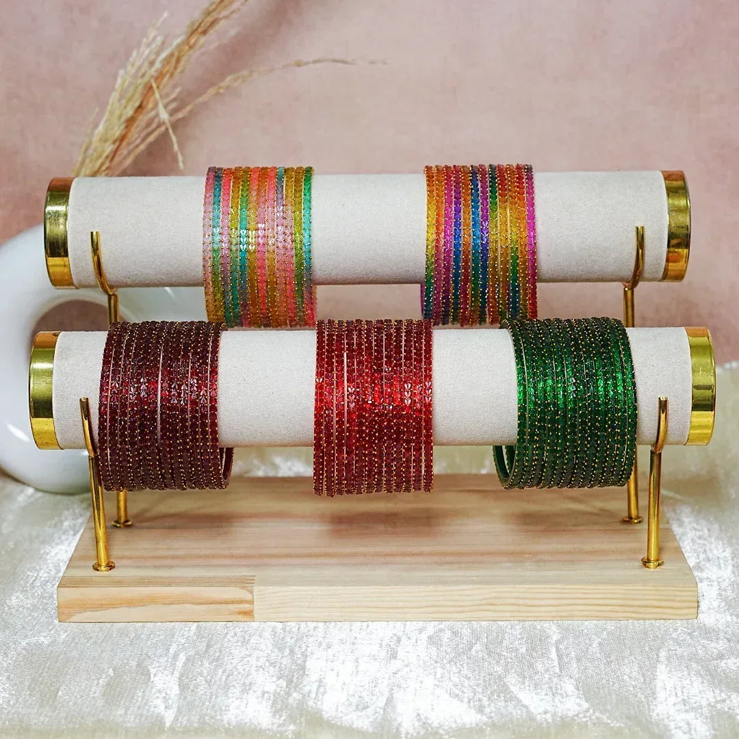 Traditional Gold Ball Studded Work Design Glass Bangles for Women (Pack of 12) - The Golden Cascade