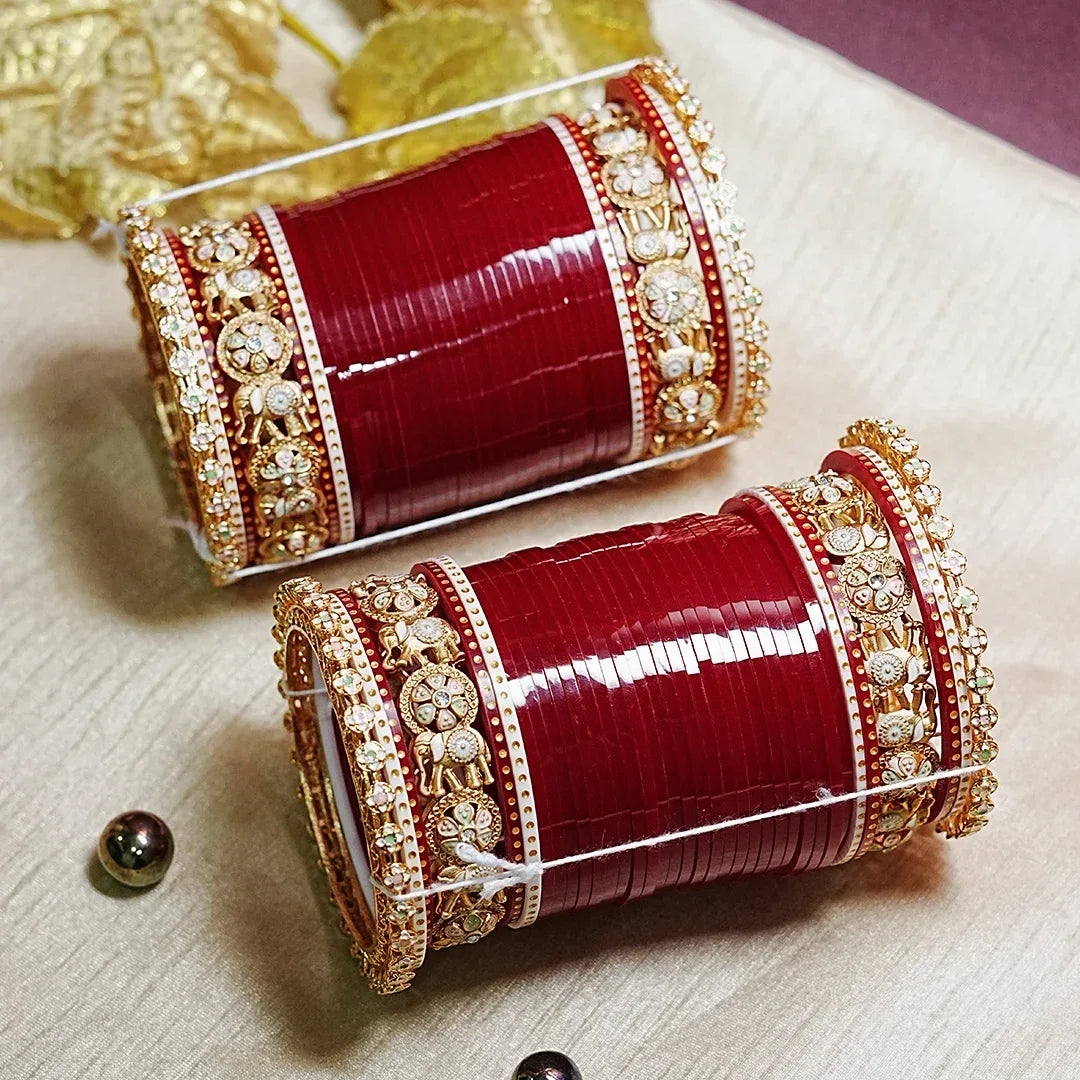 Rajwadi Wedding Chura Set with Elephant Design for Women (Both Hands) - The Golden Cascade