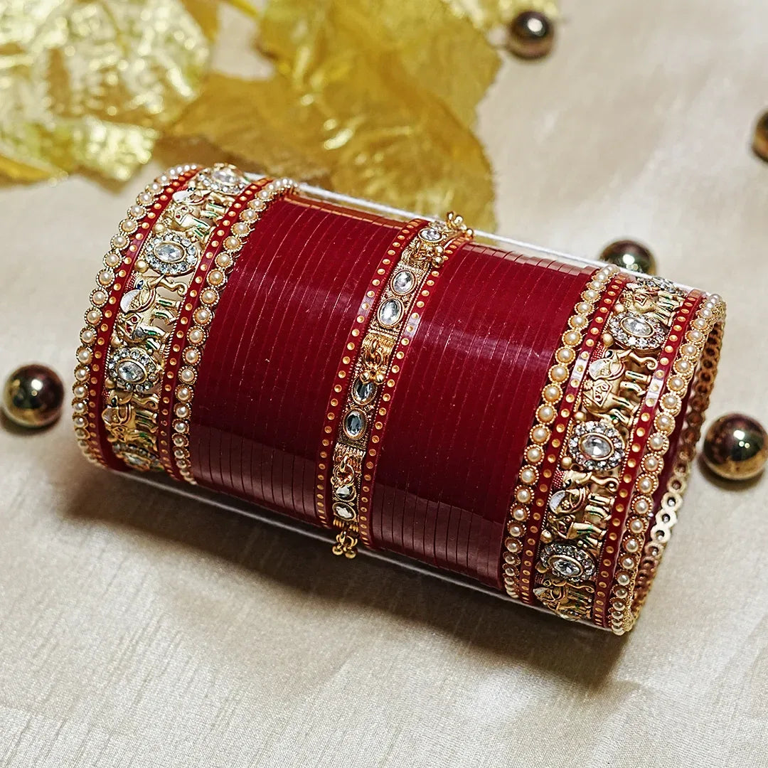 Wedding Chura Set with Pearl & Elephant Design for Women (Both Hands) - The Golden Cascade