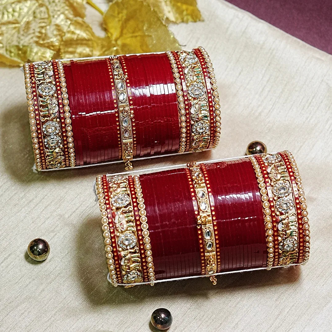 Wedding Chura Set with Pearl & Elephant Design for Women (Both Hands) - The Golden Cascade