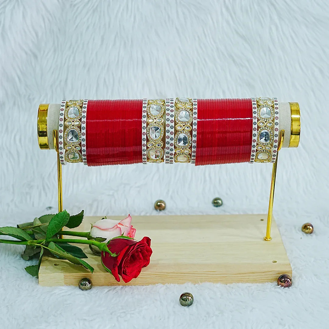 Red Wedding Bridal Chura Set with Kundan Work for Women (Both Hands) - The Golden Cascade