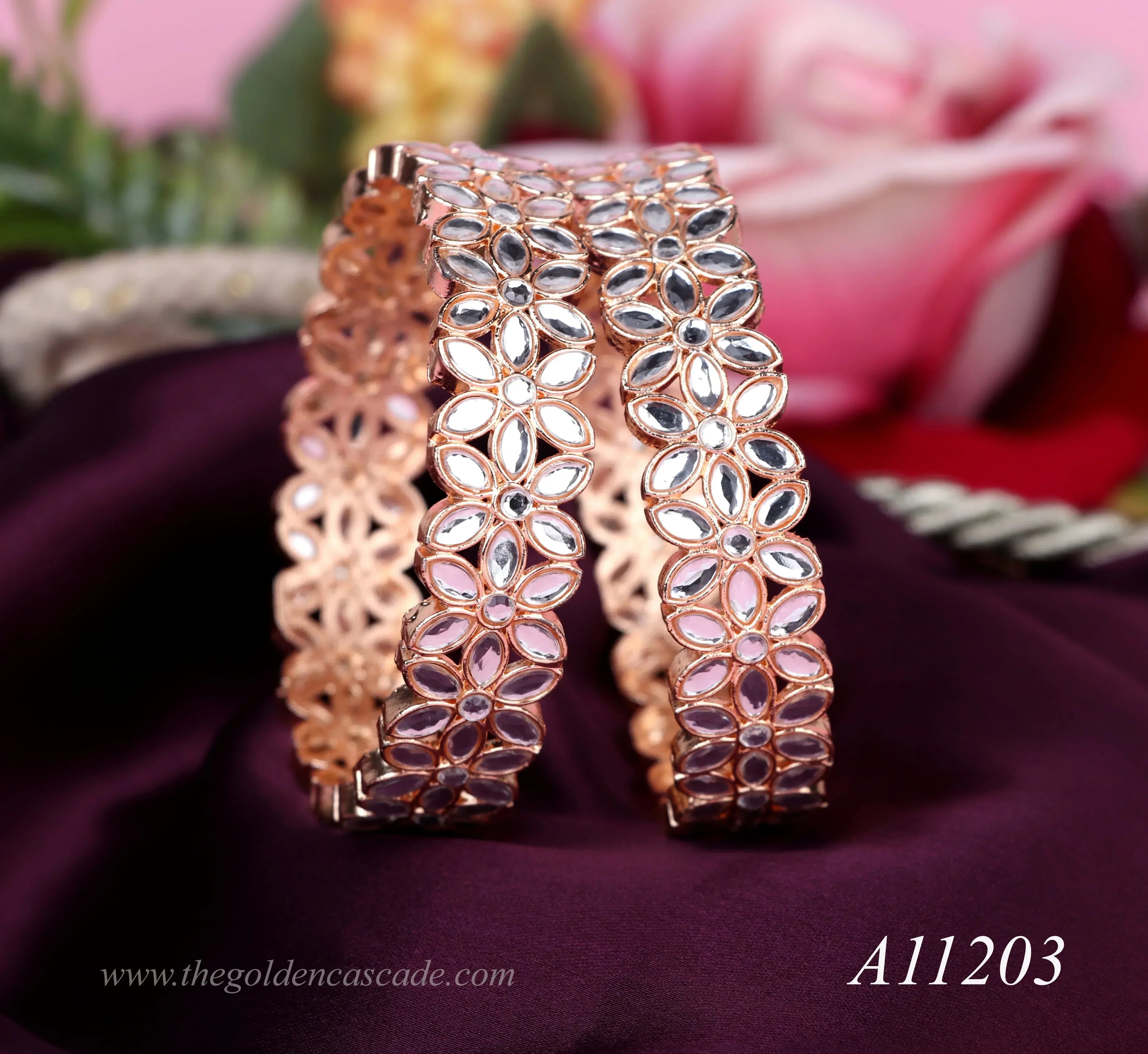 Traditional Rose Gold Plated Stone Studded Metal Kada for Women (Pack of 2) - The Golden Cascade