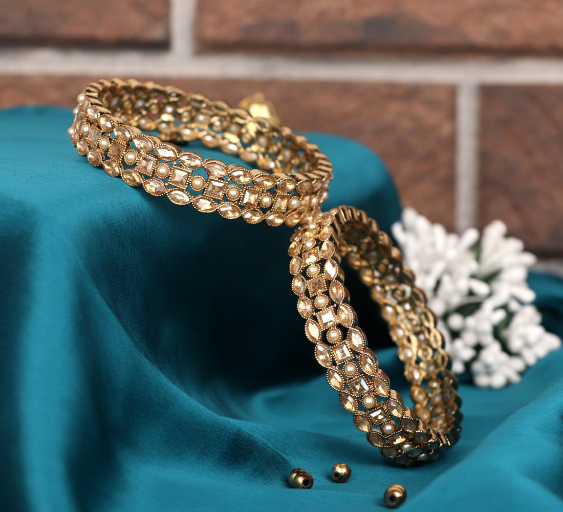 Metal Kada with Gold Plated Antique Design Kundan Studded - Traditional Indian Jewelry for Women & Girls