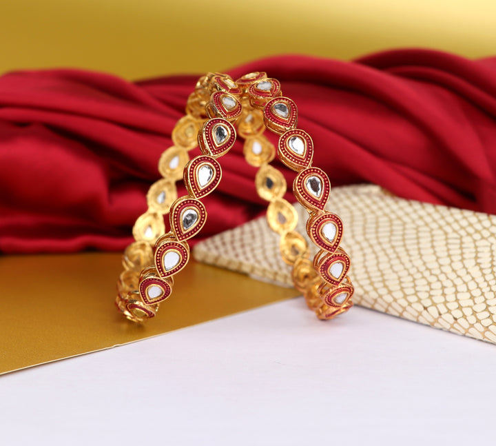 Maroon Color Bracelet Gold-Plated Kundan Studded | Traditional Metal Bangles for Women & Girls