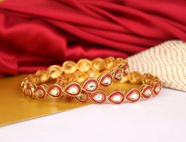 Maroon Color Bracelet Gold-Plated Kundan Studded | Traditional Metal Bangles for Women & Girls