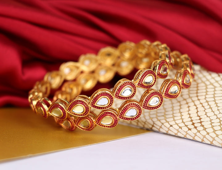 Maroon Color Bracelet Gold-Plated Kundan Studded | Traditional Metal Bangles for Women & Girls