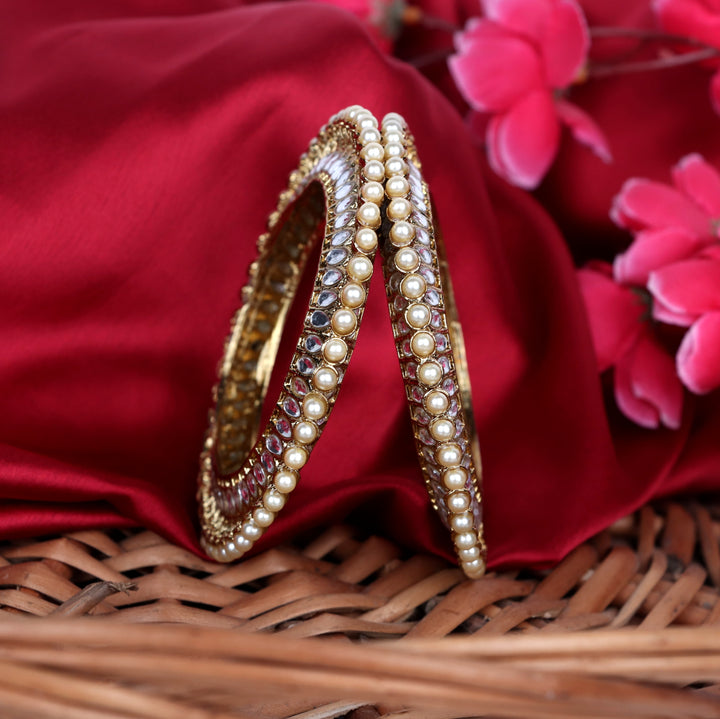 Pearl with Kundan Studded Kada Stylish Gold-Plated Traditional Bangles for Women & Girls