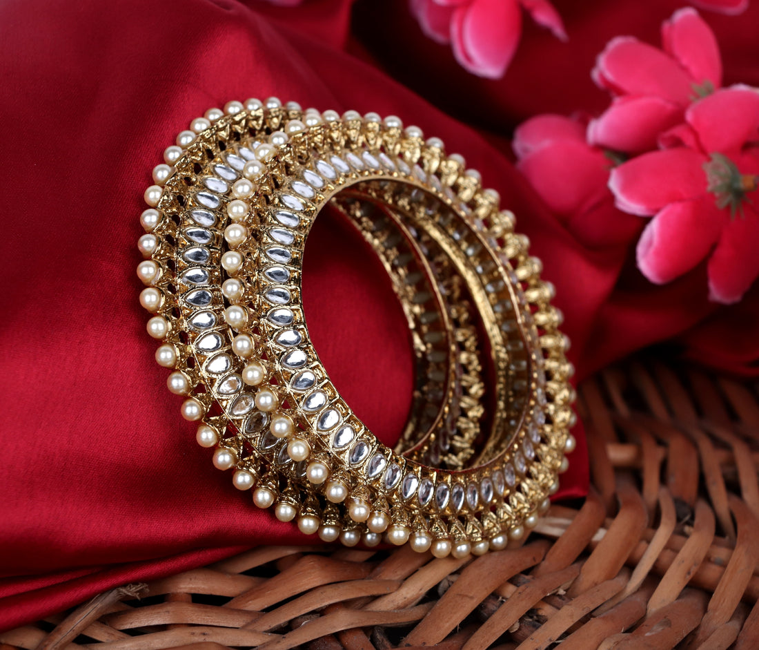 Pearl with Kundan Studded Kada Stylish Gold-Plated Traditional Bangles for Women & Girls