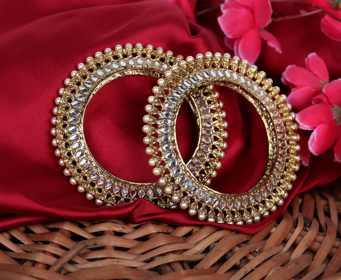 Pearl with Kundan Studded Kada Stylish Gold-Plated Traditional Bangles for Women & Girls