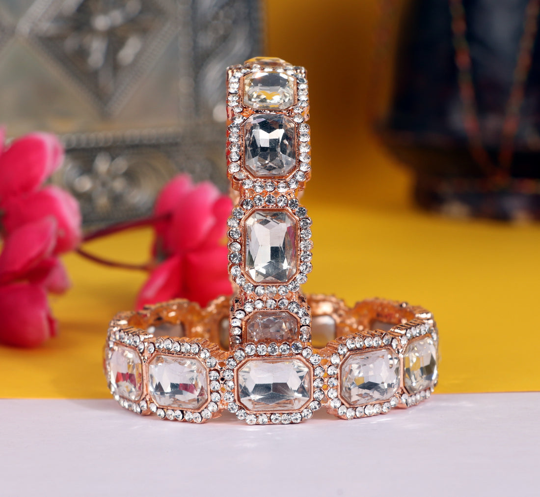 Premium Quality American Diamond Metal Bracelet For Women & Girls | Rose Gold Plated AD Stone Studded Kundan Kada