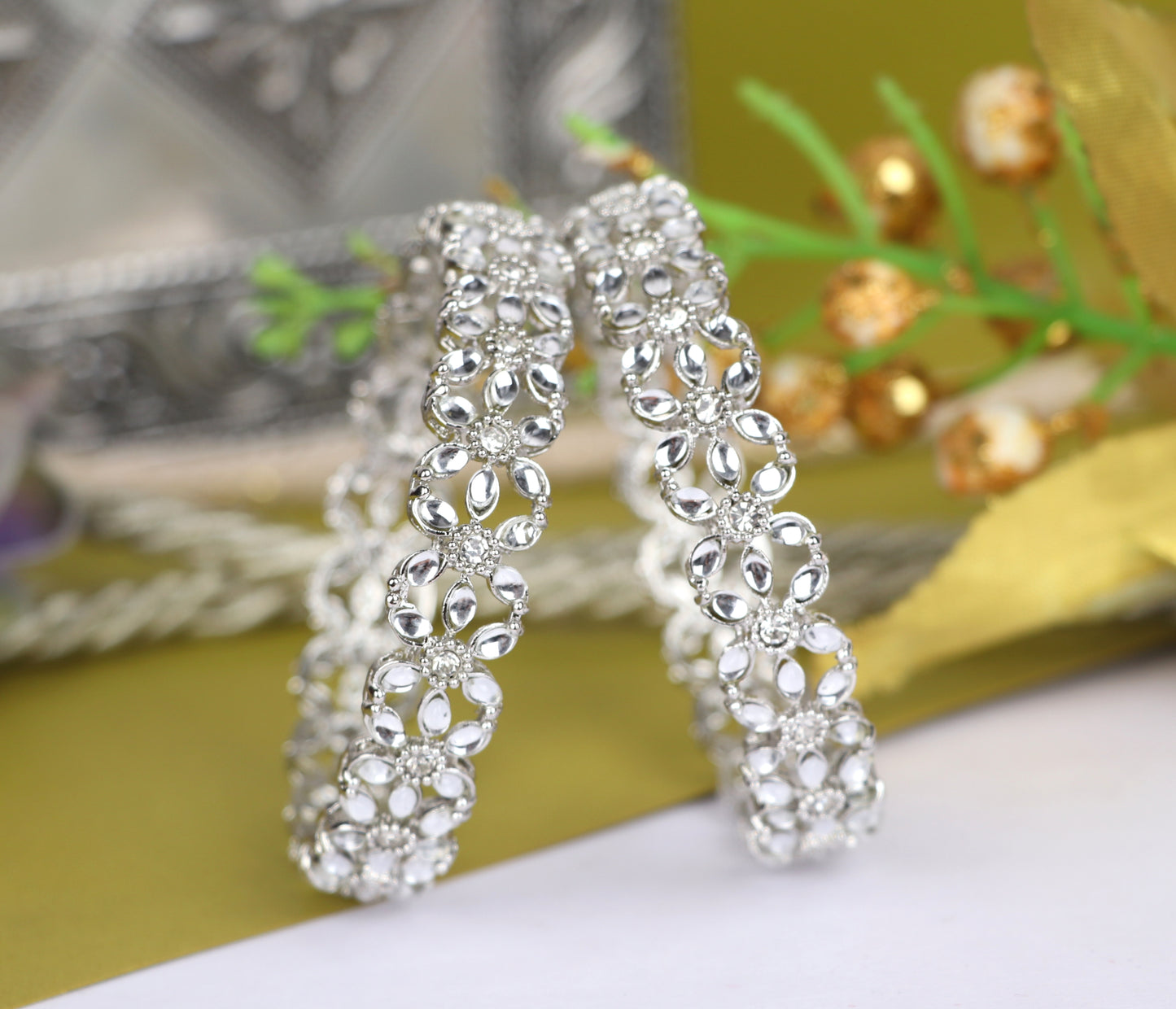 Silver Plated AD Stone Studded Metal Kada / Bracelet For Women & Girls