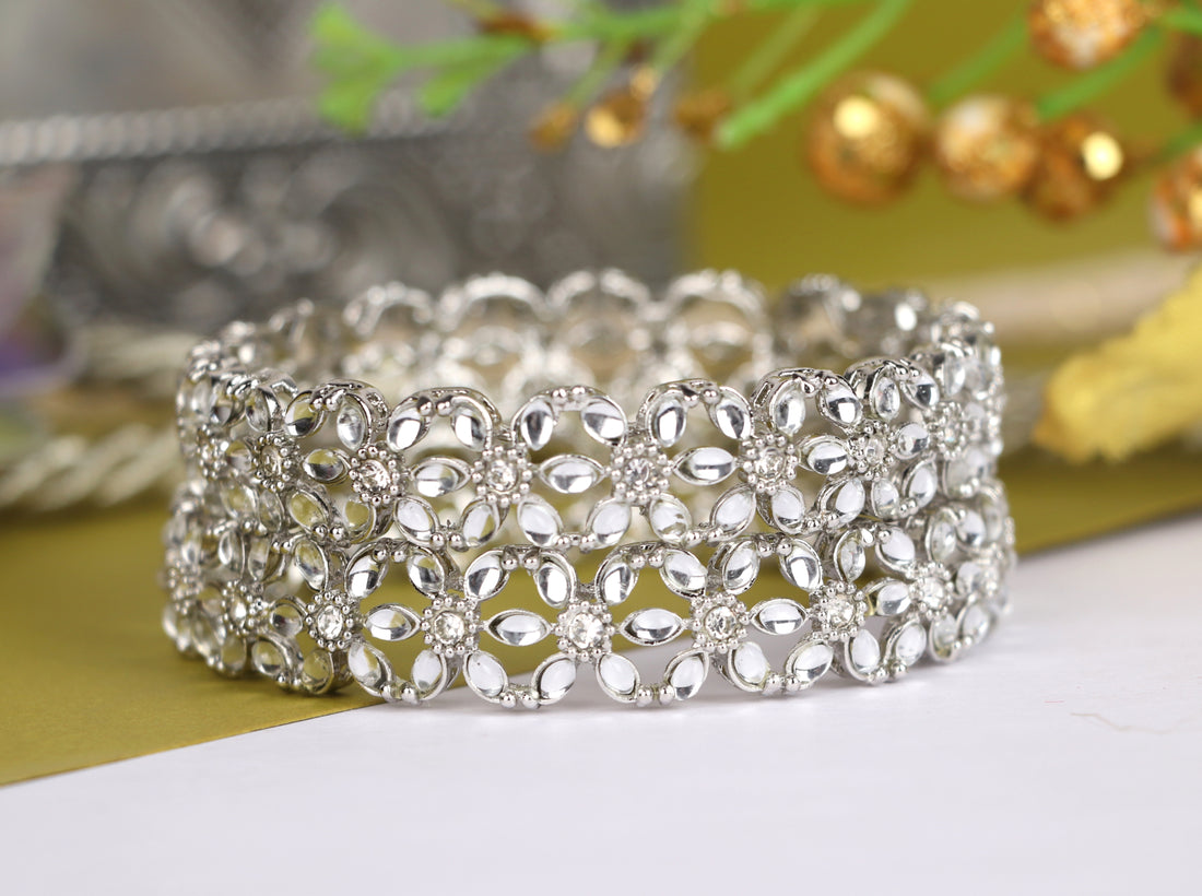 Silver Plated AD Stone Studded Metal Kada / Bracelet For Women & Girls