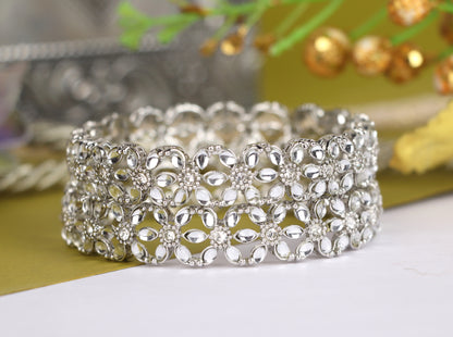 Silver Plated AD Stone Studded Metal Kada / Bracelet For Women & Girls