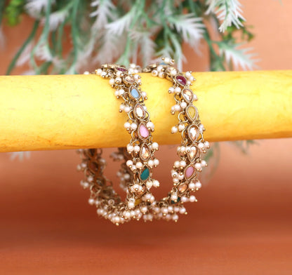 Multicolor Stone & Pearl Studded Metal Kada for Women (Pack Of 2)