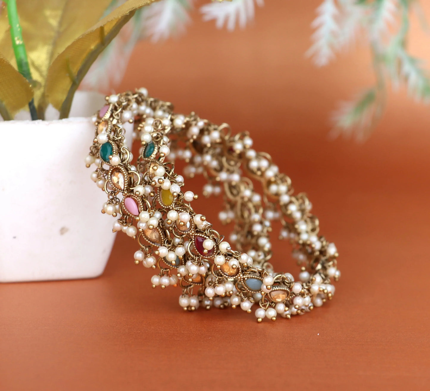 Multicolor Stone & Pearl Studded Metal Kada for Women (Pack Of 2)