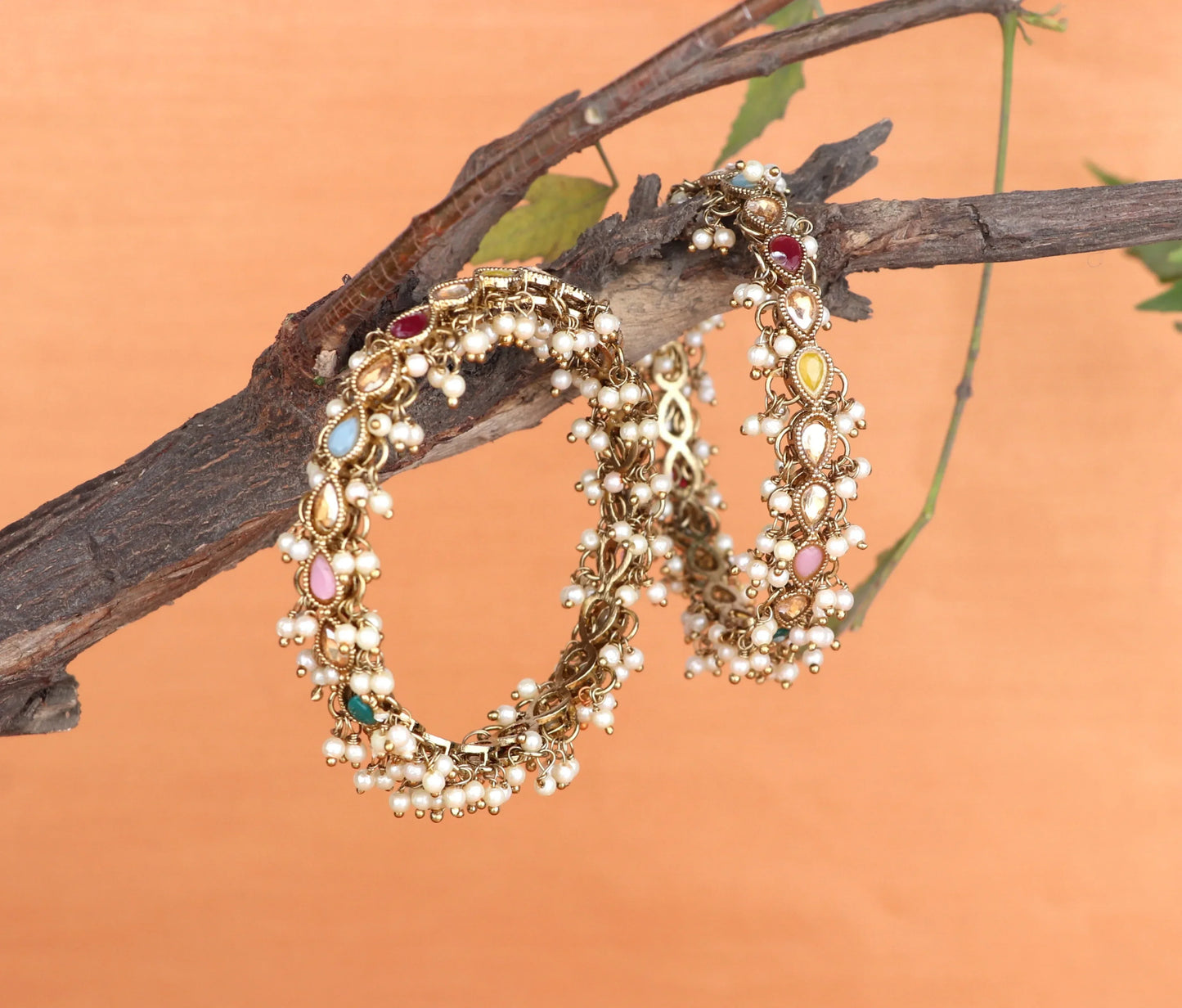 Multicolor Stone & Pearl Studded Metal Kada for Women (Pack Of 2)