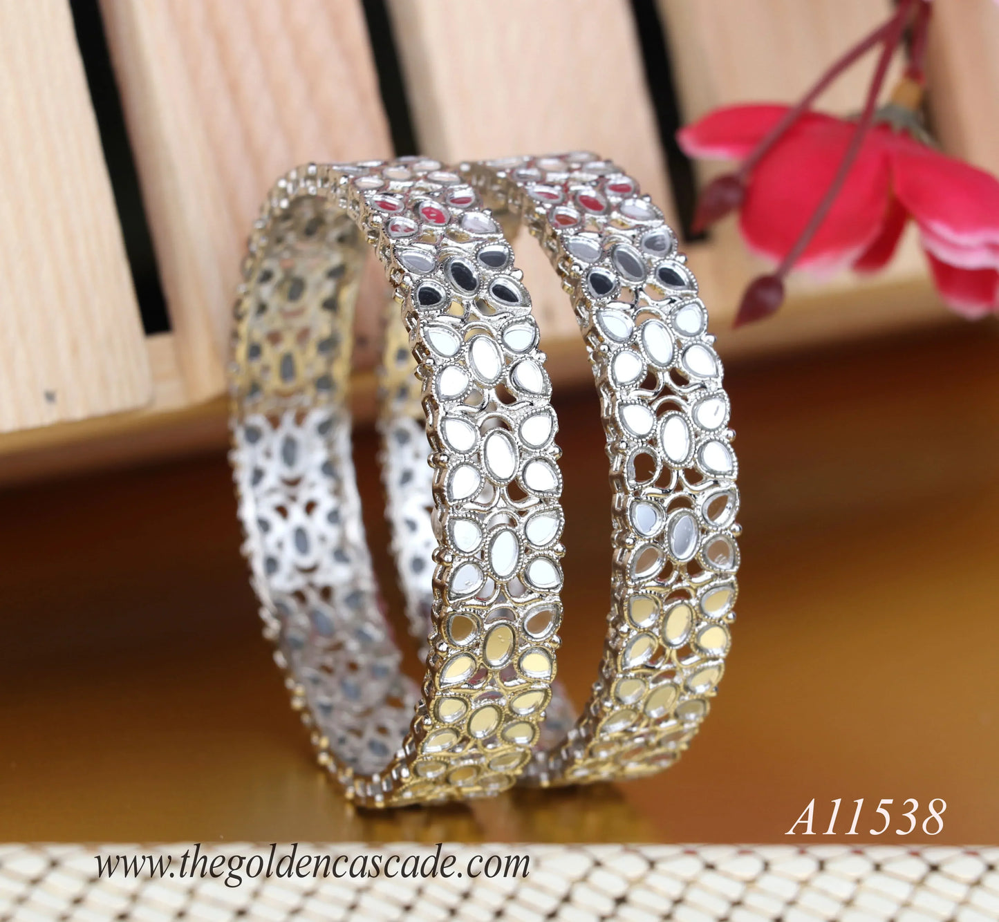 Silver Plated Mirror Work Metal Kada for Women (Pack Of 2)