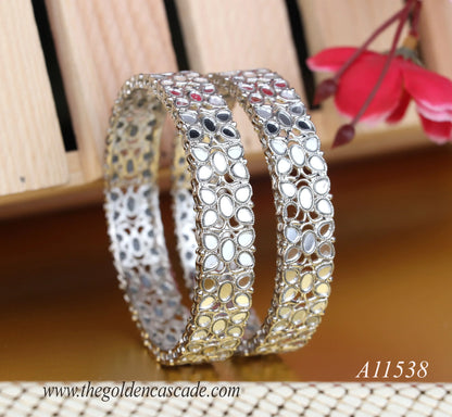 Silver Plated Mirror Work Metal Kada for Women (Pack Of 2)