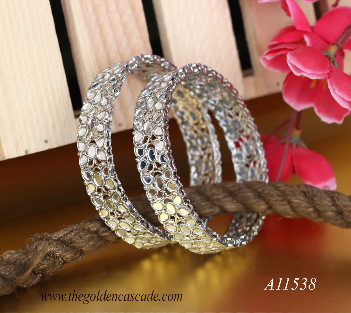 Silver Plated Mirror Work Metal Kada for Women (Pack Of 2)