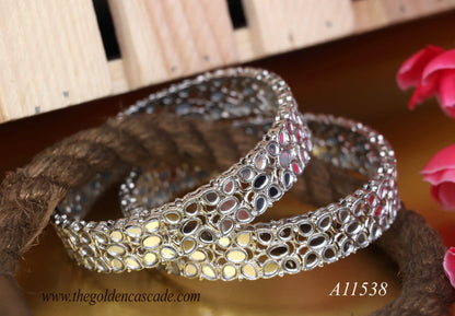 Silver Plated Mirror Work Metal Kada for Women (Pack Of 2)