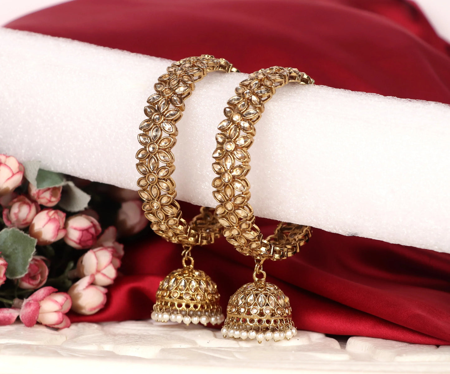 Gold Plated Floral Design Stone Studded Kada With Jhumki for Women (Pack of 2)