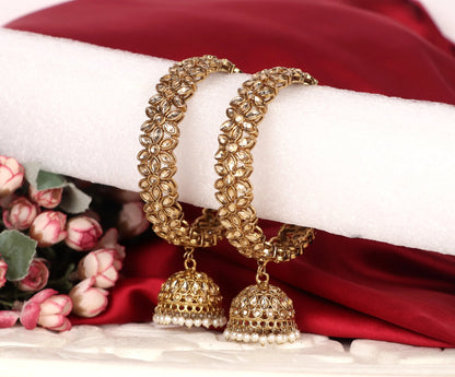 Gold Plated Floral Design Stone Studded Kada With Jhumki for Women (Pack of 2)