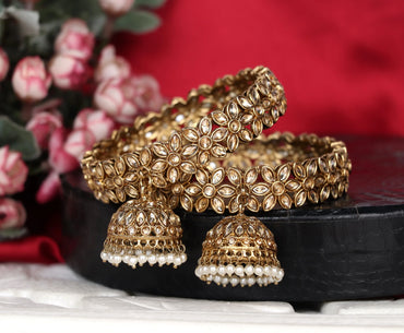 Gold Plated Floral Design Stone Studded Kada With Jhumki for Women (Pack of 2)