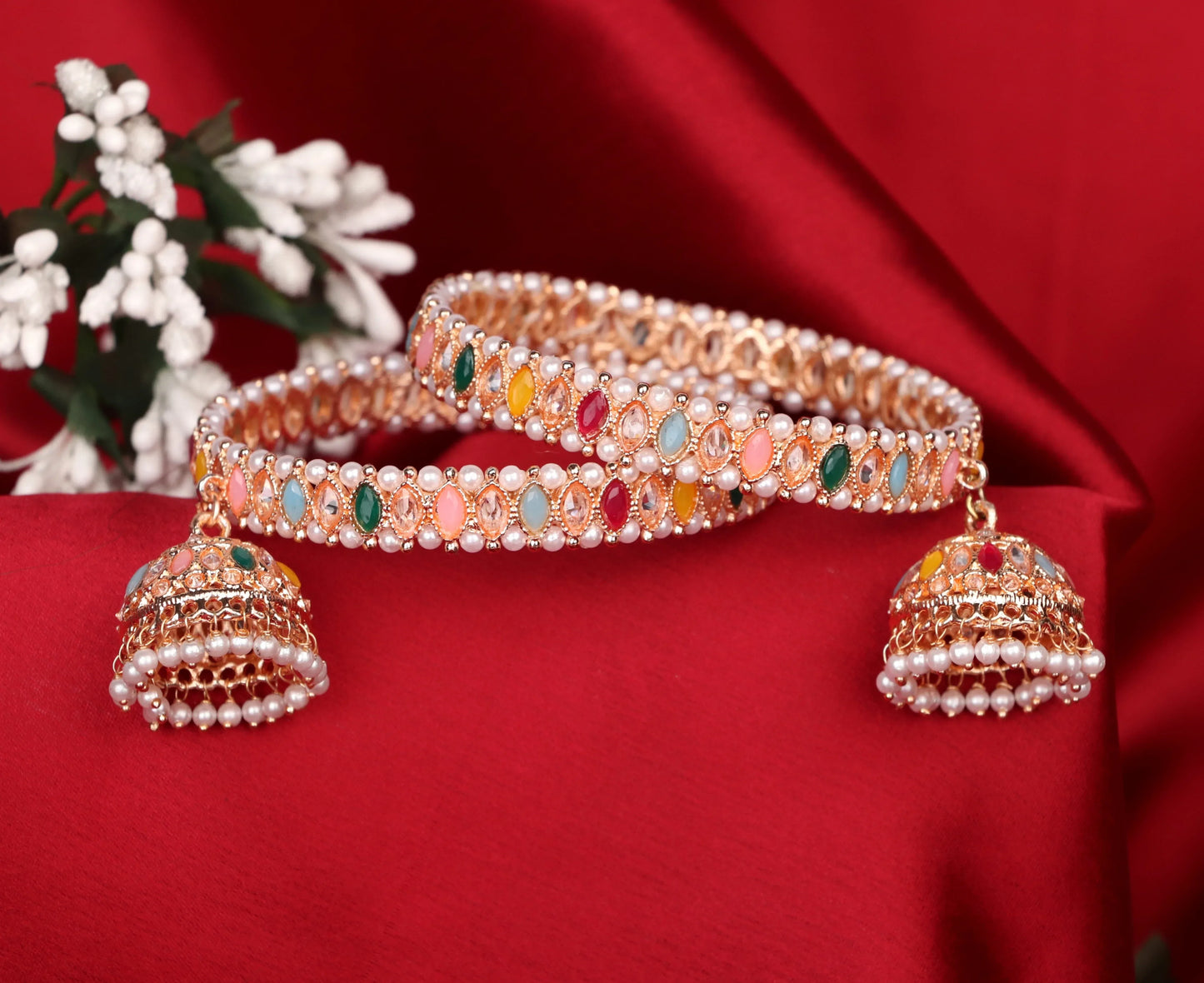 Multicolor Kundan Work Kada with Jhumki for Women (Pack Of 2)