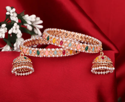 Multicolor Kundan Work Kada with Jhumki for Women (Pack Of 2)
