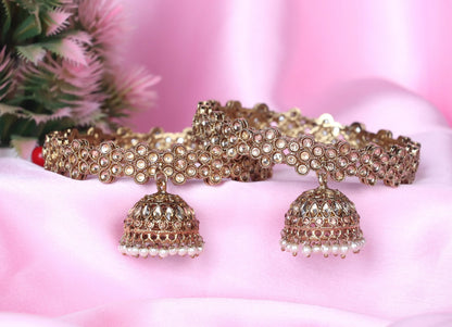 Designer Stone Studded Metal Kada with Jhumki for Women (Pack of 2)