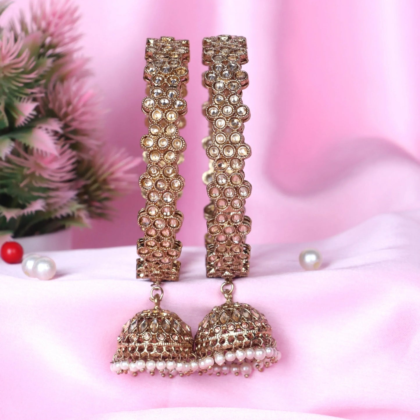 Designer Stone Studded Metal Kada with Jhumki for Women (Pack of 2)