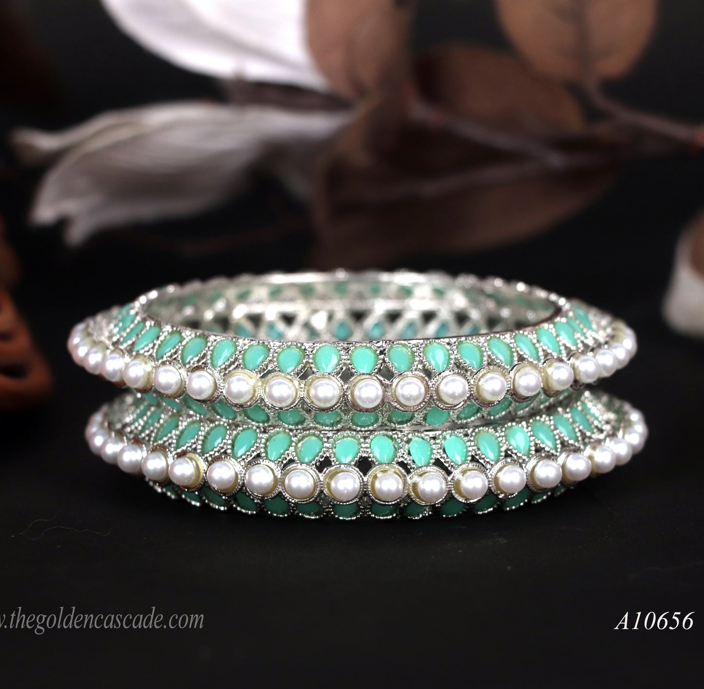 Elegant Pista Pearl Studded Metal Kada for Women (Pack of 2)