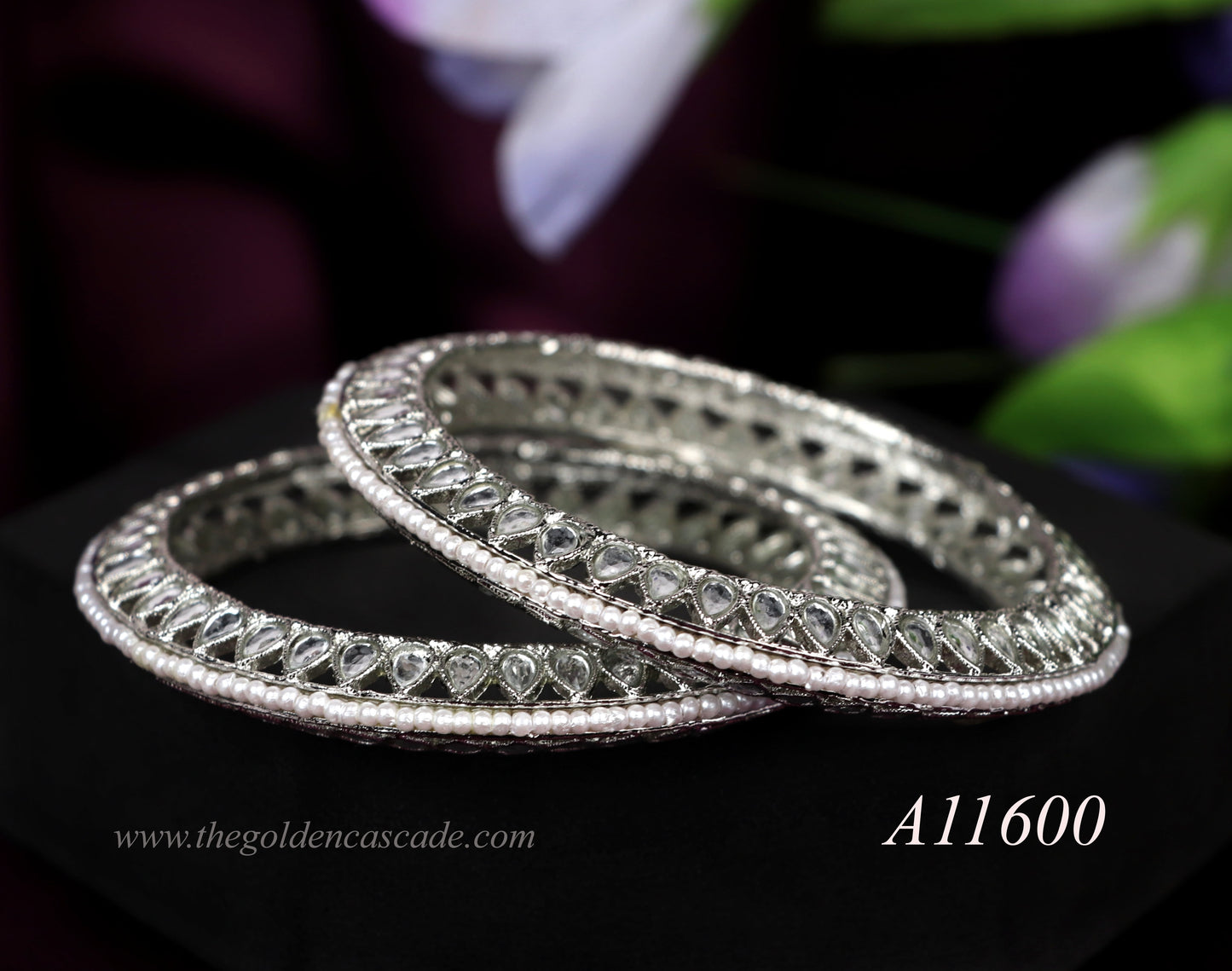 Silver Pearl Studded Metal Kada for Women (Pack of 2)