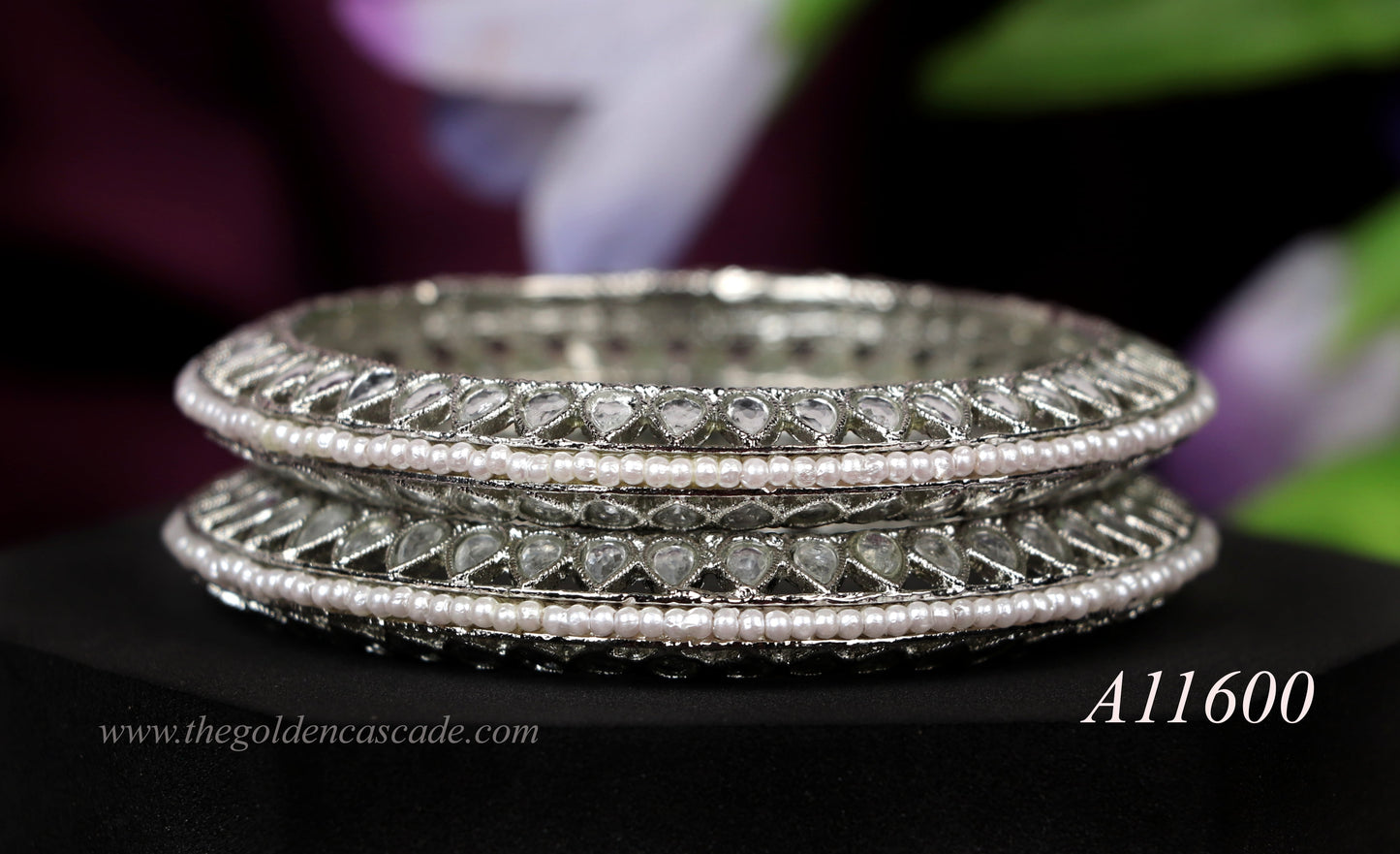 Silver Pearl Studded Metal Kada for Women (Pack of 2)