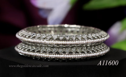 Silver Pearl Studded Metal Kada for Women (Pack of 2)