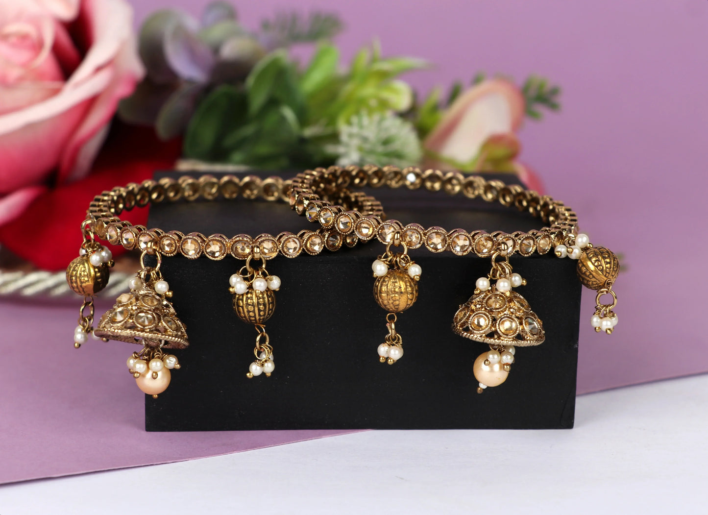 Designer Stone Studded Metal Kada for Women & Girls (Pack of 2)