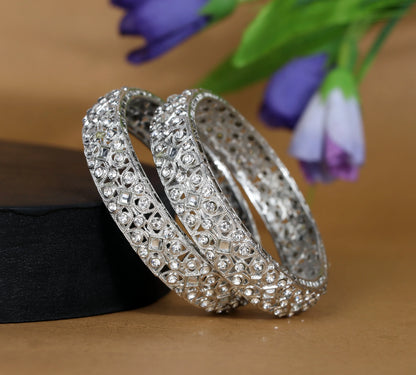 Silver Plated Stone Studded Designer Kada Bangles for Women (Pack of 2)