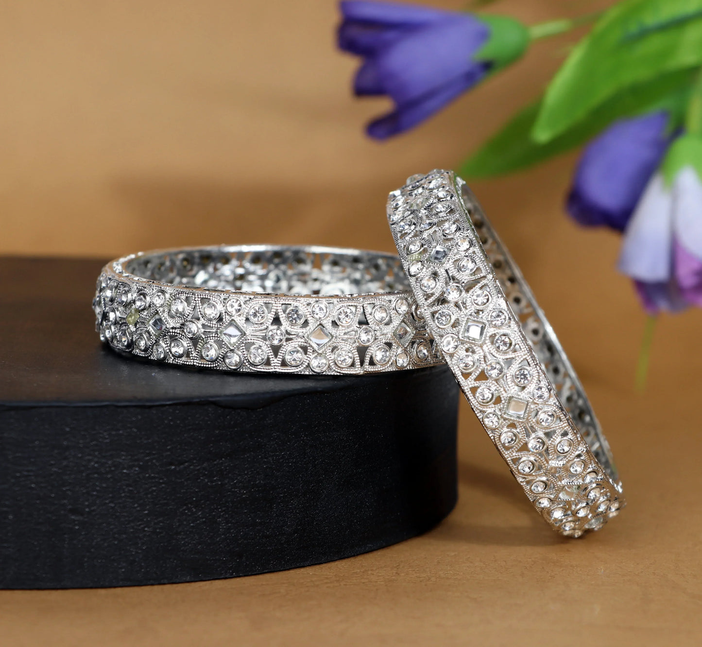 Silver Plated Stone Studded Designer Kada Bangles for Women (Pack of 2)