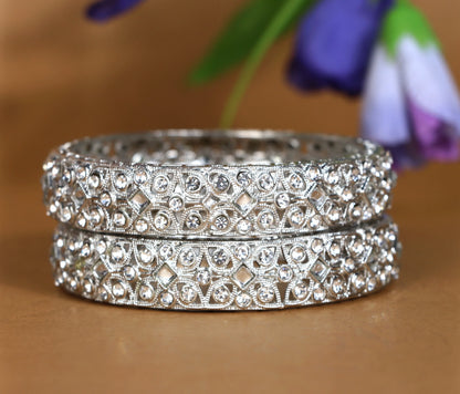 Silver Plated Stone Studded Designer Kada Bangles for Women (Pack of 2)