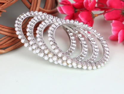 Silver Plated Pearl Studded Metal Kada for Women (Pack Of 2)